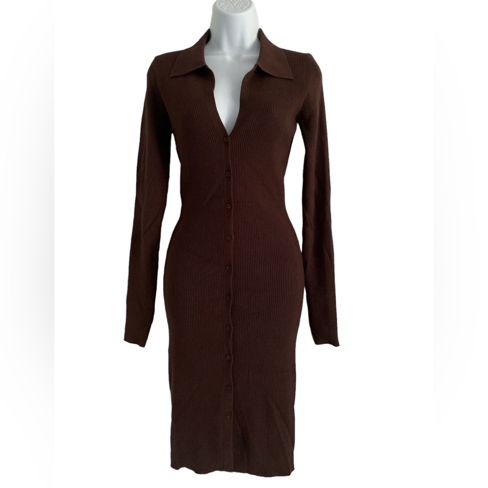 NWOT House of Harlow 1960 X Revolve Ribbed Button Front Sweater Dress in Brown